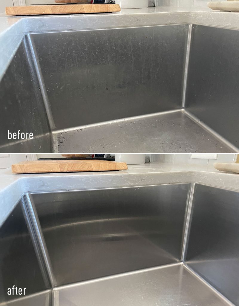 Before and after of dirty and cleaned stainless steel sink