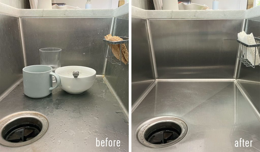 Side by side before and after of dirty and cleaned stainless steel sink