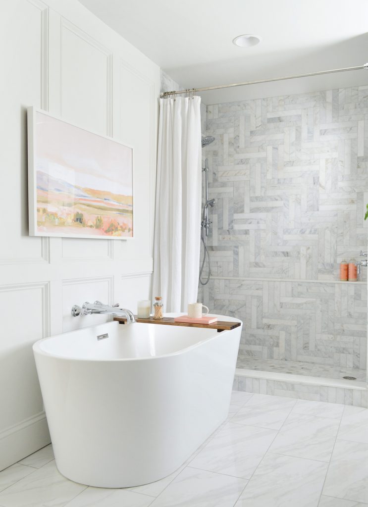 Traditional Gray Bathroom With Board And Batten Boxes Behind Bathtub