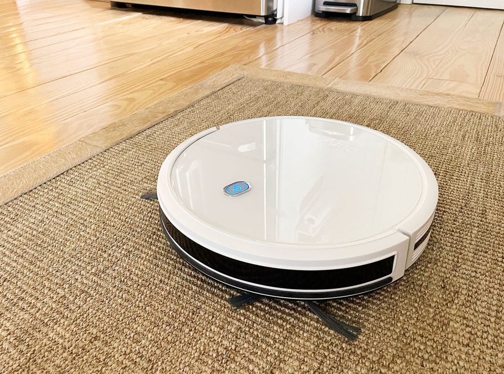 Eufy RoboVac 11S On Jute Runner With Side Whiskers Out