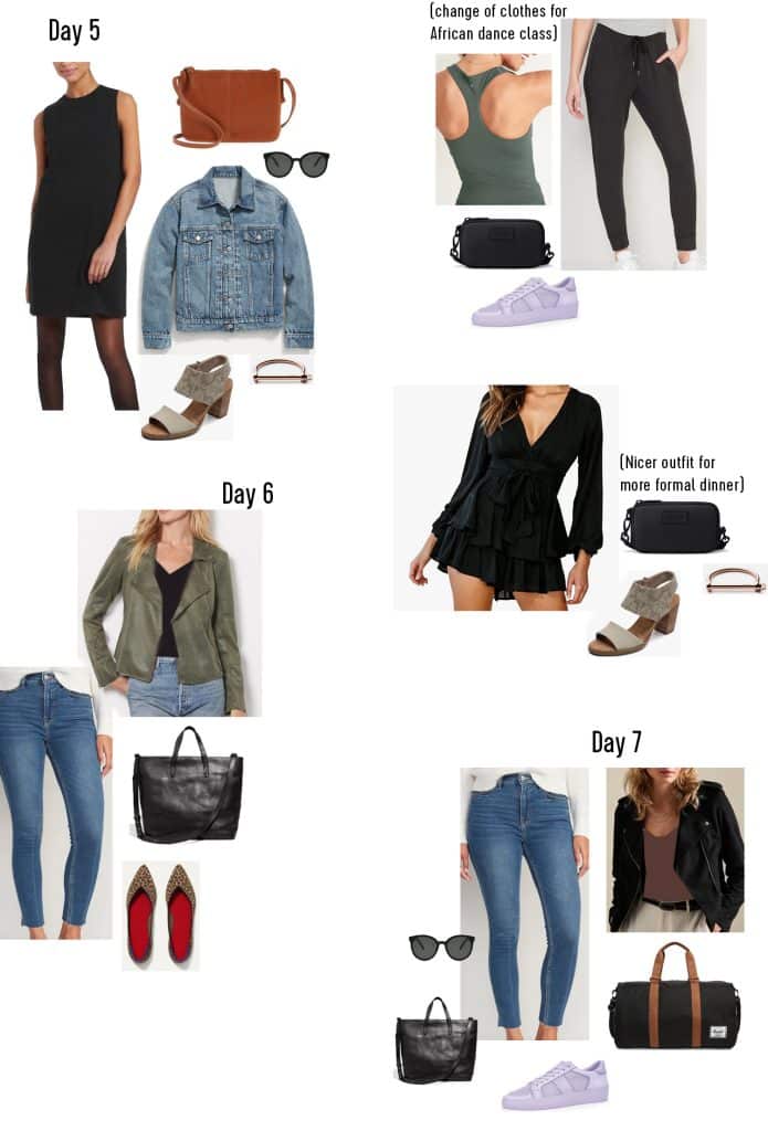 Grid of Day 5 through Day 7 outfits with different combos of jeans tops jackets shoes and purses