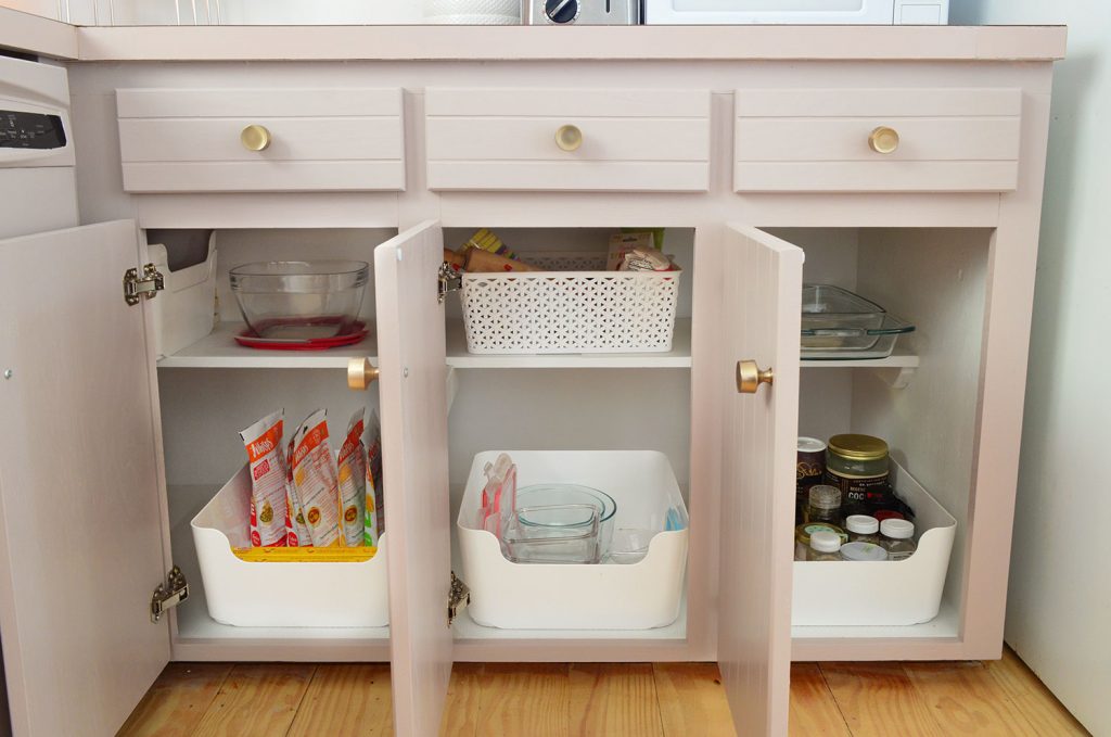 After photo of three lower cabinets painted mauve | Sherwin Williams Artsy Pink