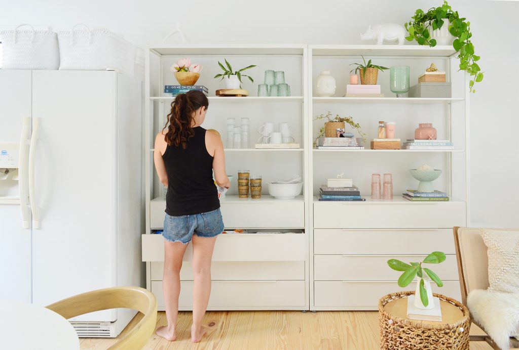 Sherry Getting Food Out of Ikea Fjalkinge Bookcase Storage Used In Minimal Kitchen