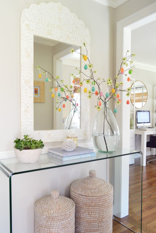 easy easter tree in neutral foyer